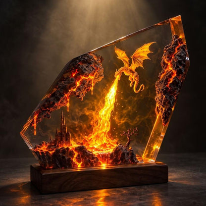 Fire Dragon Resin Lamp, Lava Castle LED Night Light, Handmade Epoxy Decor, Fantasy Desk Lamp