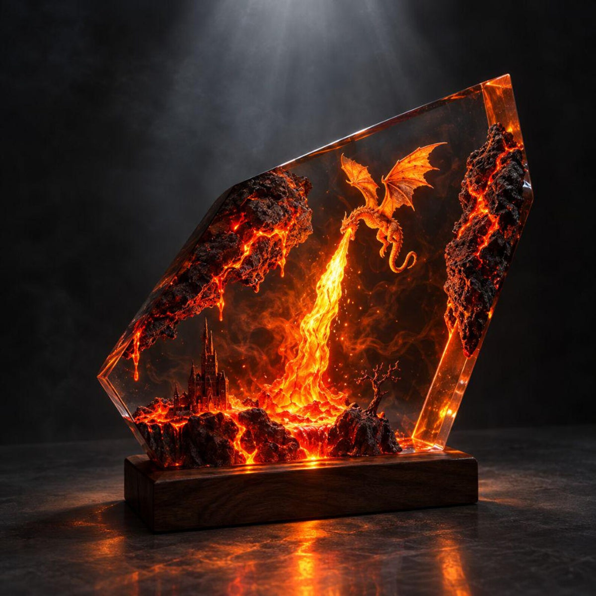 Fire Dragon Resin Lamp, Lava Castle LED Night Light, Handmade Epoxy Decor, Fantasy Desk Lamp