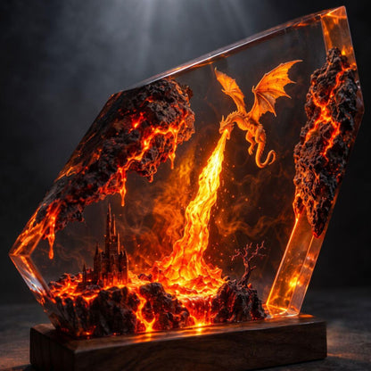 Fire Dragon Resin Lamp, Lava Castle LED Night Light, Handmade Epoxy Decor, Fantasy Desk Lamp