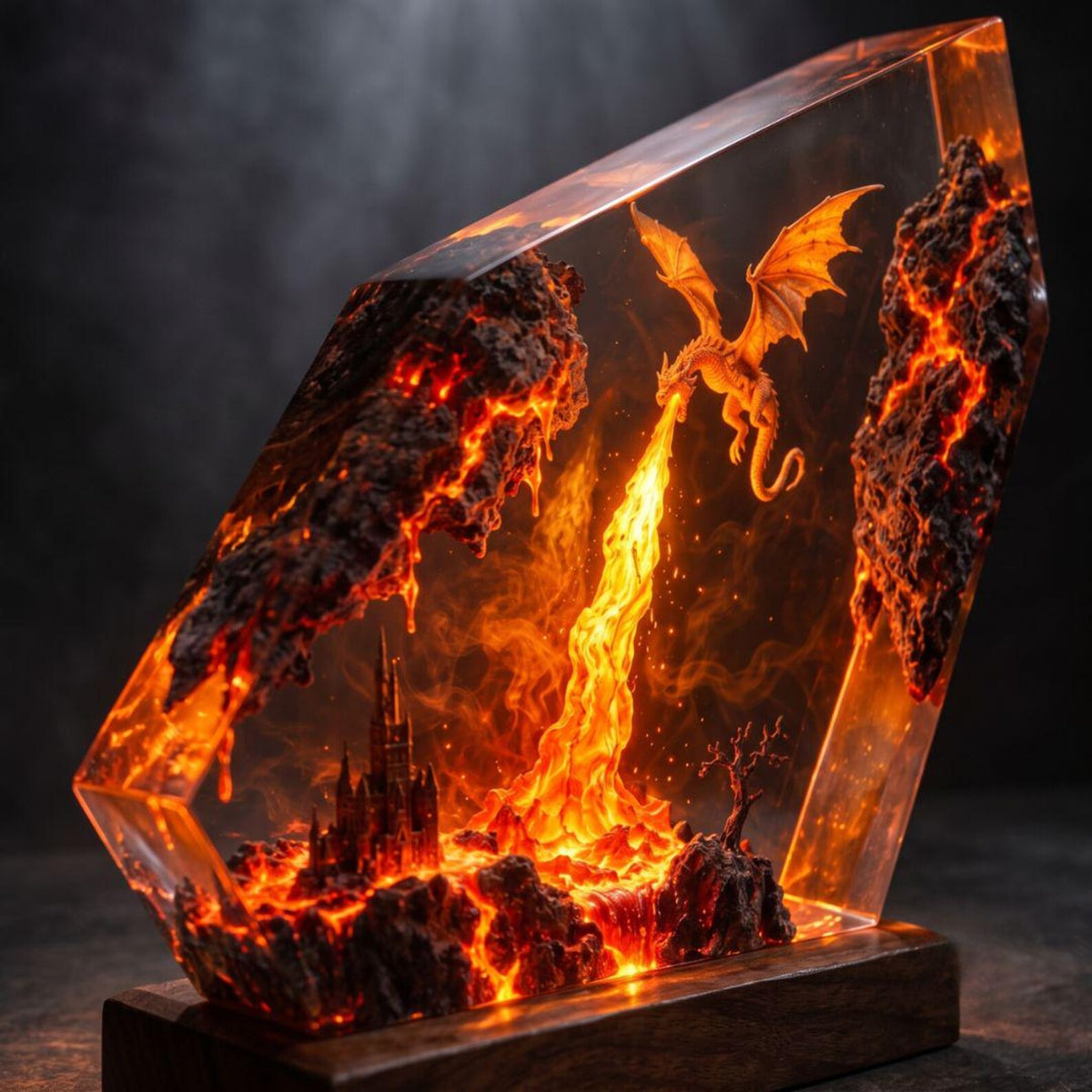 Fire Dragon Resin Lamp, Lava Castle LED Night Light, Handmade Epoxy Decor, Fantasy Desk Lamp