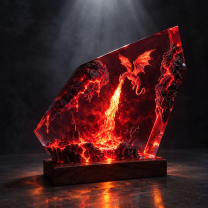 Fire Dragon Resin Lamp, Lava Castle LED Night Light, Handmade Epoxy Decor, Fantasy Desk Lamp