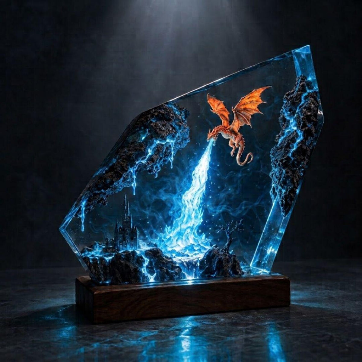 Fire Dragon Resin Lamp, Lava Castle LED Night Light, Handmade Epoxy Decor, Fantasy Desk Lamp