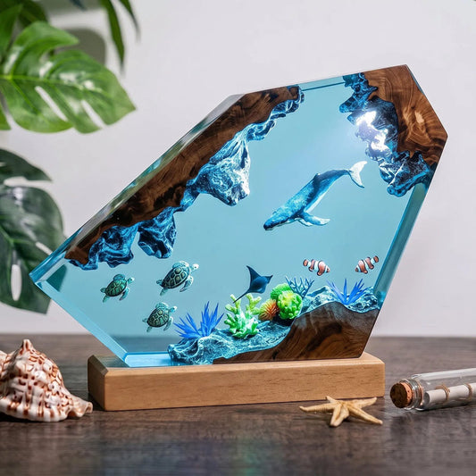 Custom Ocean Resin Lamp with Whale Turtle Couple Divers LED Night Light Marine Decor