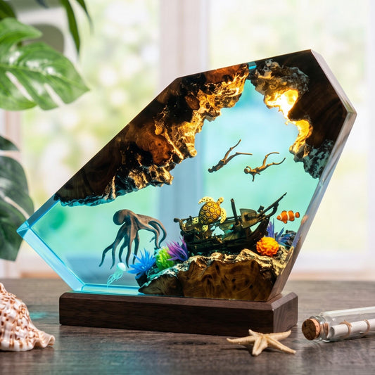 Handmade Deep Sea Resin Lamp with Scuba Diver Octopus Turtle LED Ocean Night Light