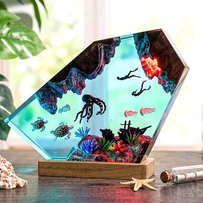 Diver Ocean Resin Lamp with Octopus Sea Turtle Deep Sea LED Night Light Decor