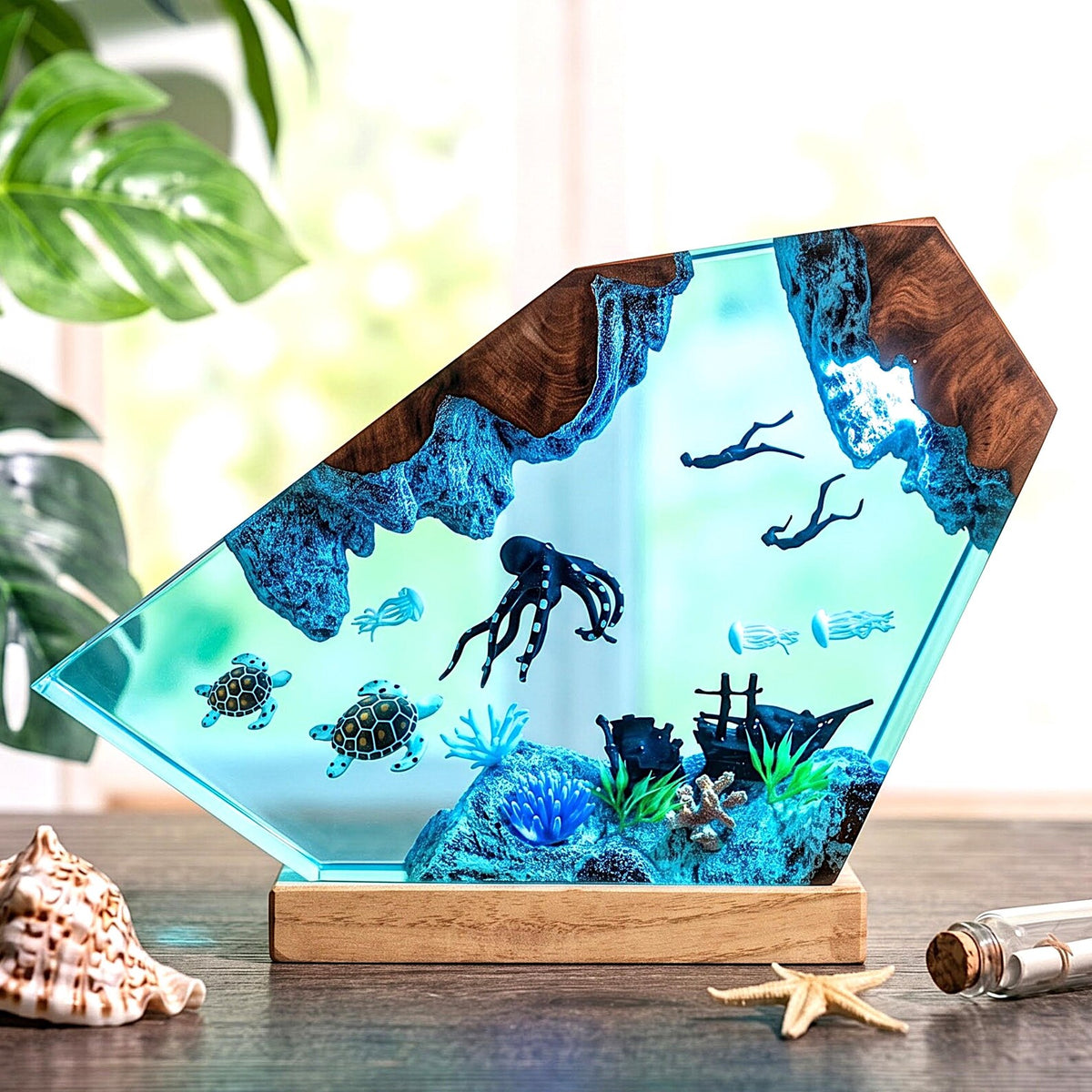 Diver Ocean Resin Lamp with Octopus Sea Turtle Deep Sea LED Night Light Decor