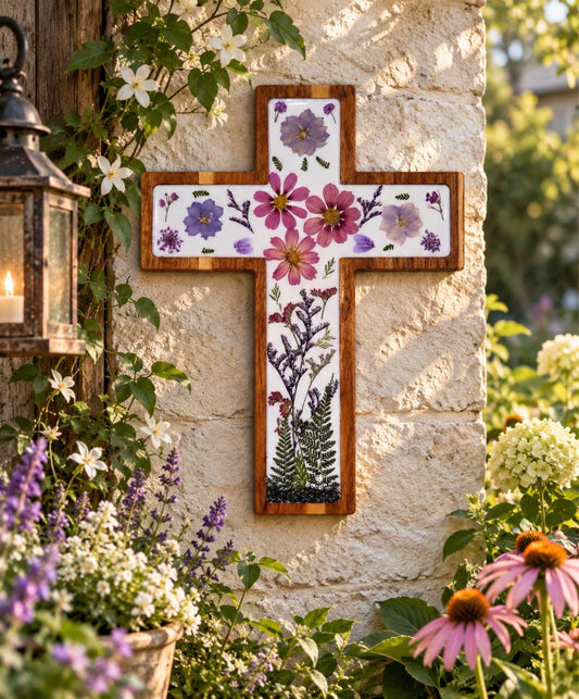 God’s Grace Pressed Flower Resin Cross, Handmade Wooden Christian Wall Decor, Traditional Latin Cross Decoration
