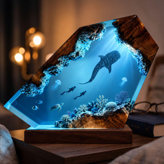 Whale Shark Resin Lamp – Handmade Ocean Night Light with Coral Reef