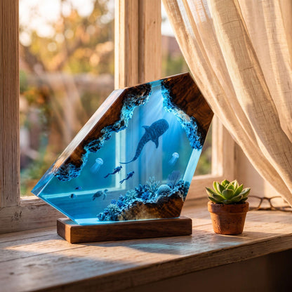 Whale Shark Resin Lamp – Handmade Ocean Night Light with Coral Reef