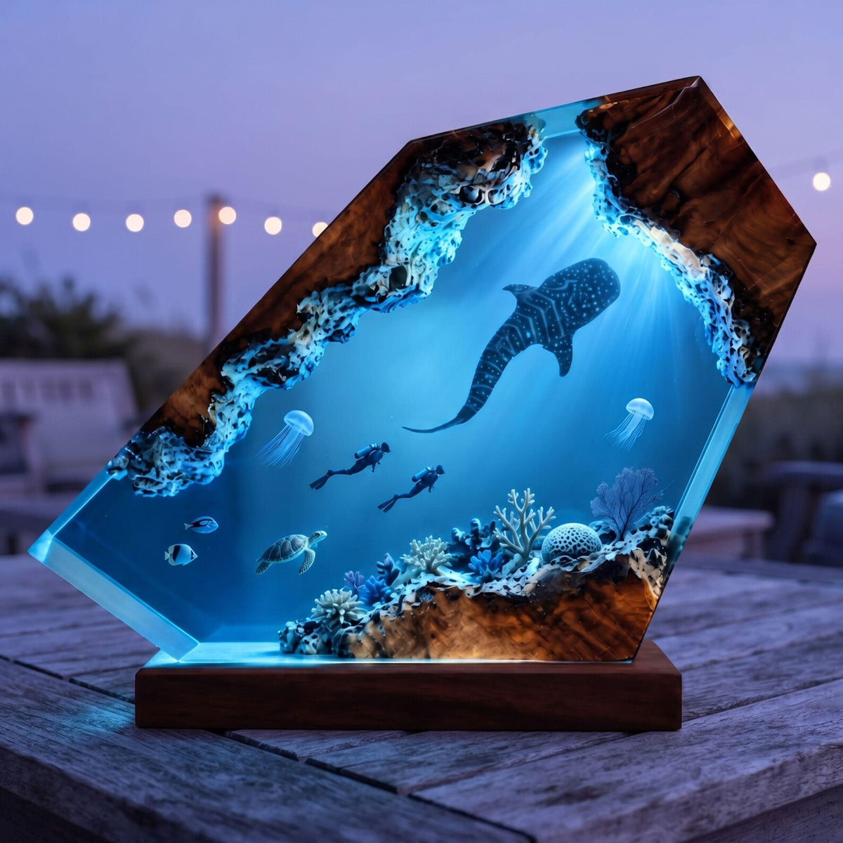 Whale Shark Resin Lamp – Handmade Ocean Night Light with Coral Reef