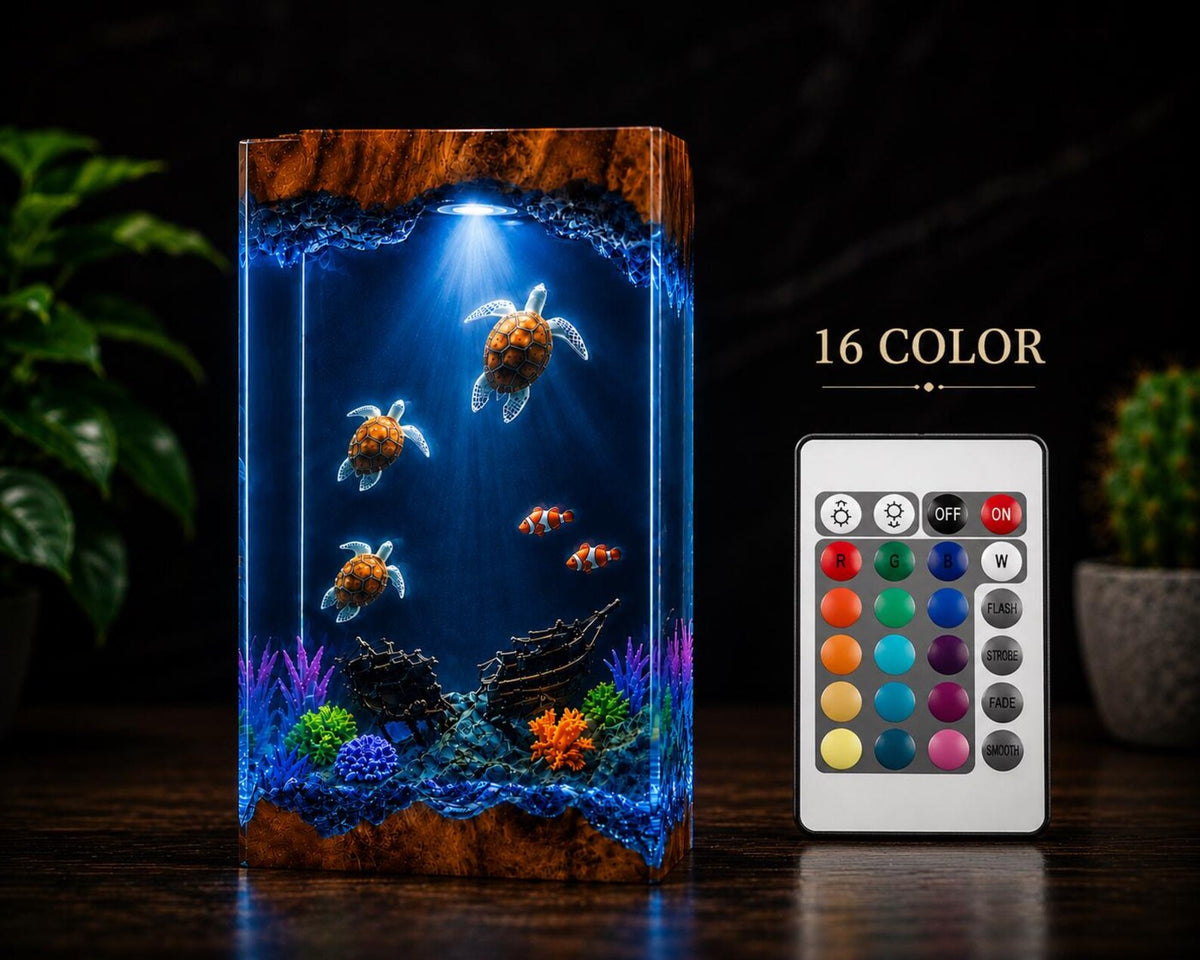 Sea Turtle Resin Lamp Ocean Night Light Shipwreck Coral Reef Handmade Underwater Diorama Decor