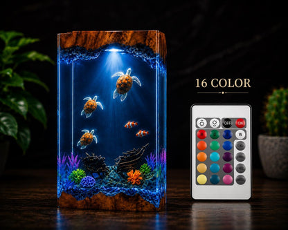 Sea Turtle Resin Lamp Ocean Night Light Shipwreck Coral Reef Handmade Underwater Diorama Decor