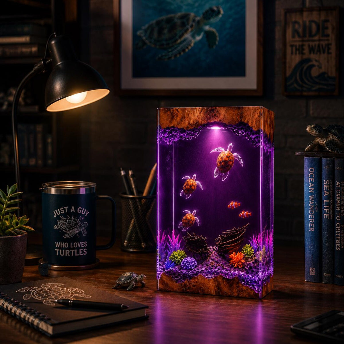 Sea Turtle Resin Lamp Ocean Night Light Shipwreck Coral Reef Handmade Underwater Diorama Decor