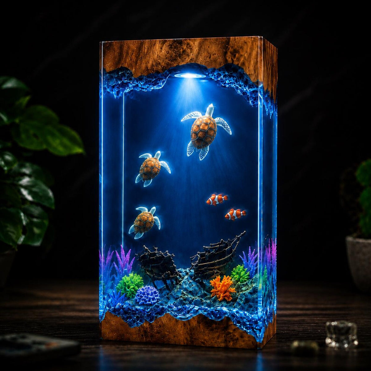Sea Turtle Resin Lamp Ocean Night Light Shipwreck Coral Reef Handmade Underwater Diorama Decor