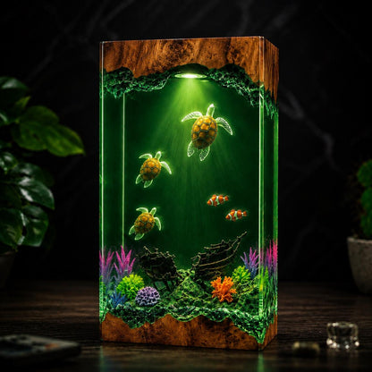 Sea Turtle Resin Lamp Ocean Night Light Shipwreck Coral Reef Handmade Underwater Diorama Decor