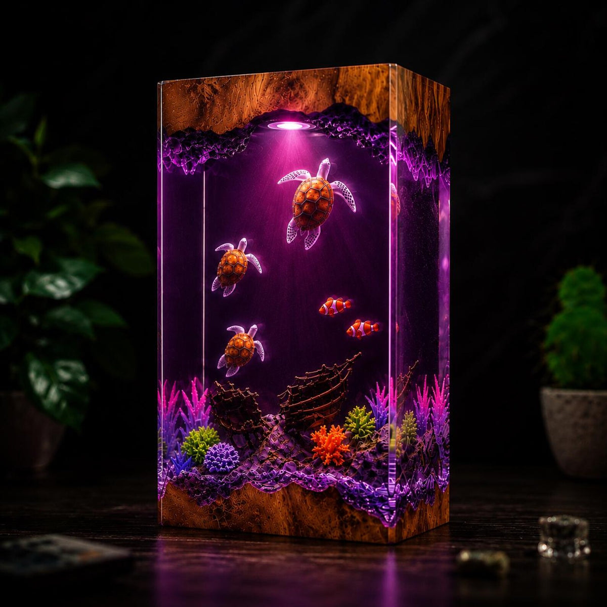 Sea Turtle Resin Lamp Ocean Night Light Shipwreck Coral Reef Handmade Underwater Diorama Decor