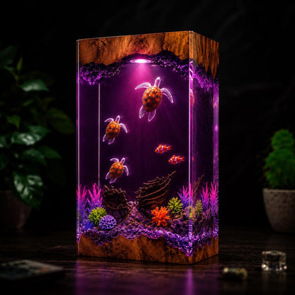 Sea Turtle Resin Lamp Ocean Night Light Shipwreck Coral Reef Handmade Underwater Diorama Decor