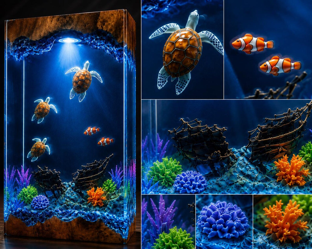 Sea Turtle Resin Lamp Ocean Night Light Shipwreck Coral Reef Handmade Underwater Diorama Decor