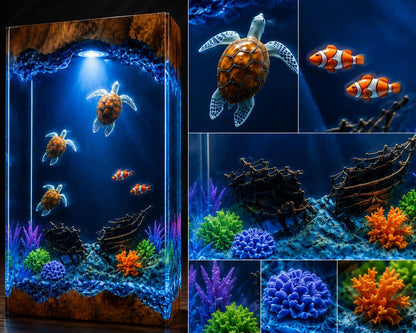 Sea Turtle Resin Lamp Ocean Night Light Shipwreck Coral Reef Handmade Underwater Diorama Decor