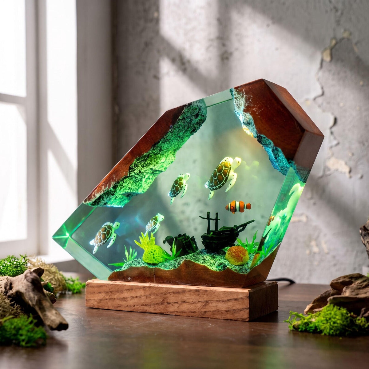 Custom Turtle Family Resin Night Light, Sea Turtle Diver Ocean Diorama, Coastal Handmade Decor