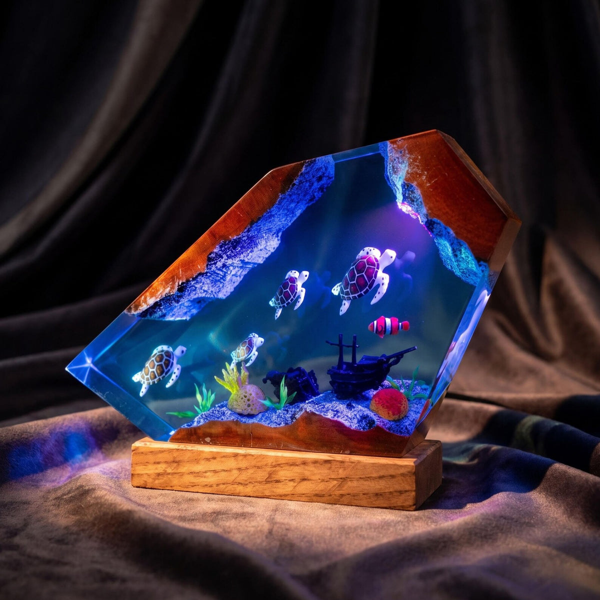 Custom Turtle Family Resin Night Light, Sea Turtle Diver Ocean Diorama, Coastal Handmade Decor