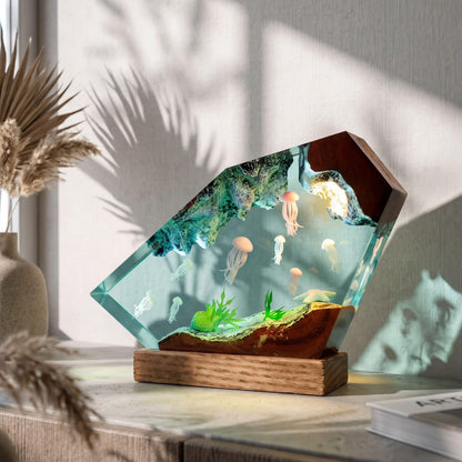 Glowing Jellyfish Resin Lamp, Deep Sea Ocean Night Light, Turtle Family Coral Reef Decor