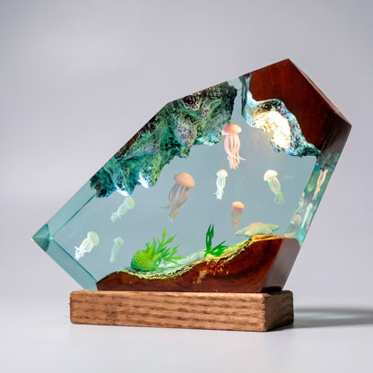 Glowing Jellyfish Resin Lamp, Deep Sea Ocean Night Light, Turtle Family Coral Reef Decor