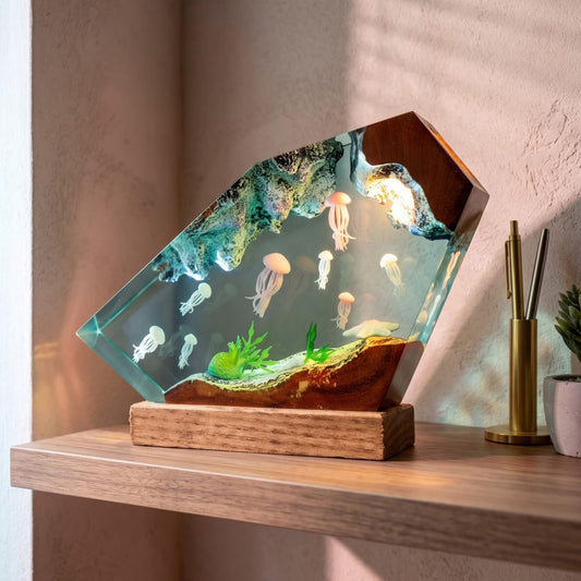 Glowing Jellyfish Resin Lamp, Deep Sea Ocean Night Light, Turtle Family Coral Reef Decor