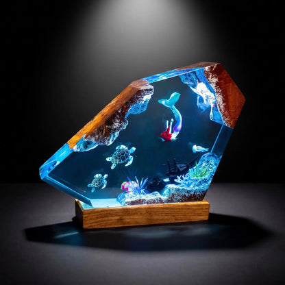 Turtle and Mermaid Resin Lamp, Handmade Underwater Fantasy Night Light, Coral Reef Decor