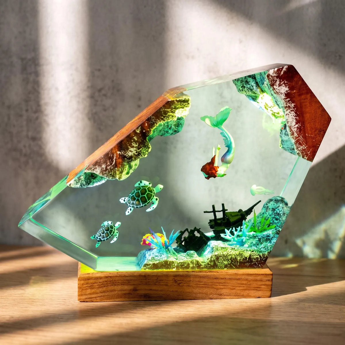 Turtle and Mermaid Resin Lamp, Handmade Underwater Fantasy Night Light, Coral Reef Decor