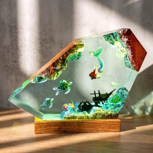 Turtle and Mermaid Resin Lamp, Handmade Underwater Fantasy Night Light, Coral Reef Decor