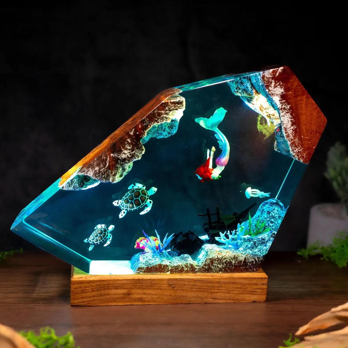 Turtle and Mermaid Resin Lamp, Handmade Underwater Fantasy Night Light, Coral Reef Decor