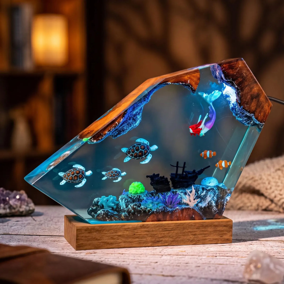 Turtle and Mermaid Resin Lamp, Handmade Underwater Fantasy Night Light, Coral Reef Decor