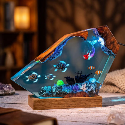 Turtle and Mermaid Resin Lamp, Handmade Underwater Fantasy Night Light, Coral Reef Decor