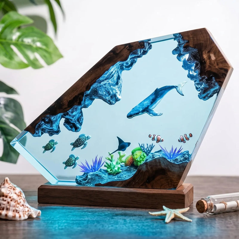 Custom Ocean Resin Lamp with Whale Turtle Couple Divers LED Night Light Marine Decor