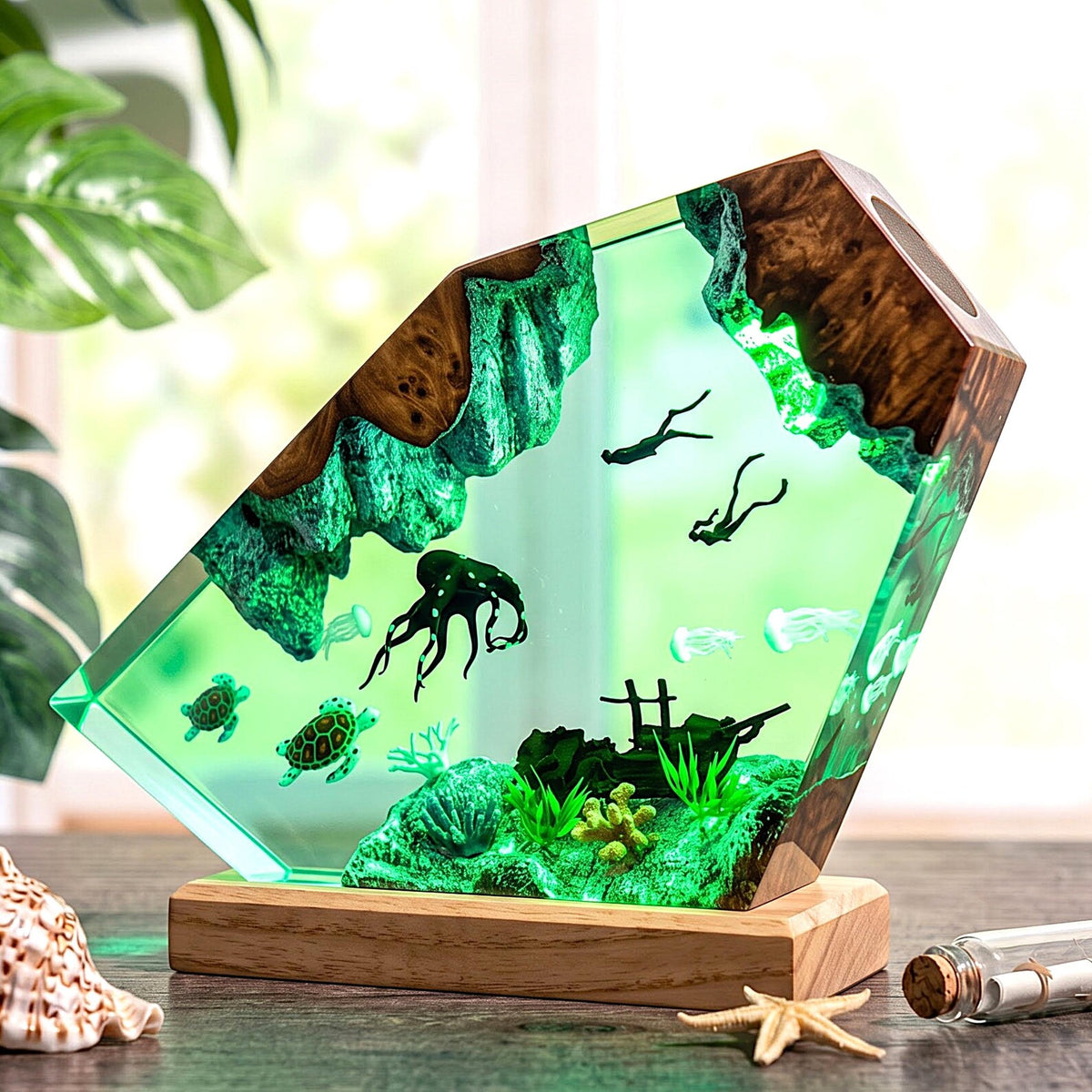 Diver Ocean Resin Lamp with Octopus Sea Turtle Deep Sea LED Night Light Decor