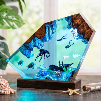 Diver Ocean Resin Lamp with Octopus Sea Turtle Deep Sea LED Night Light Decor