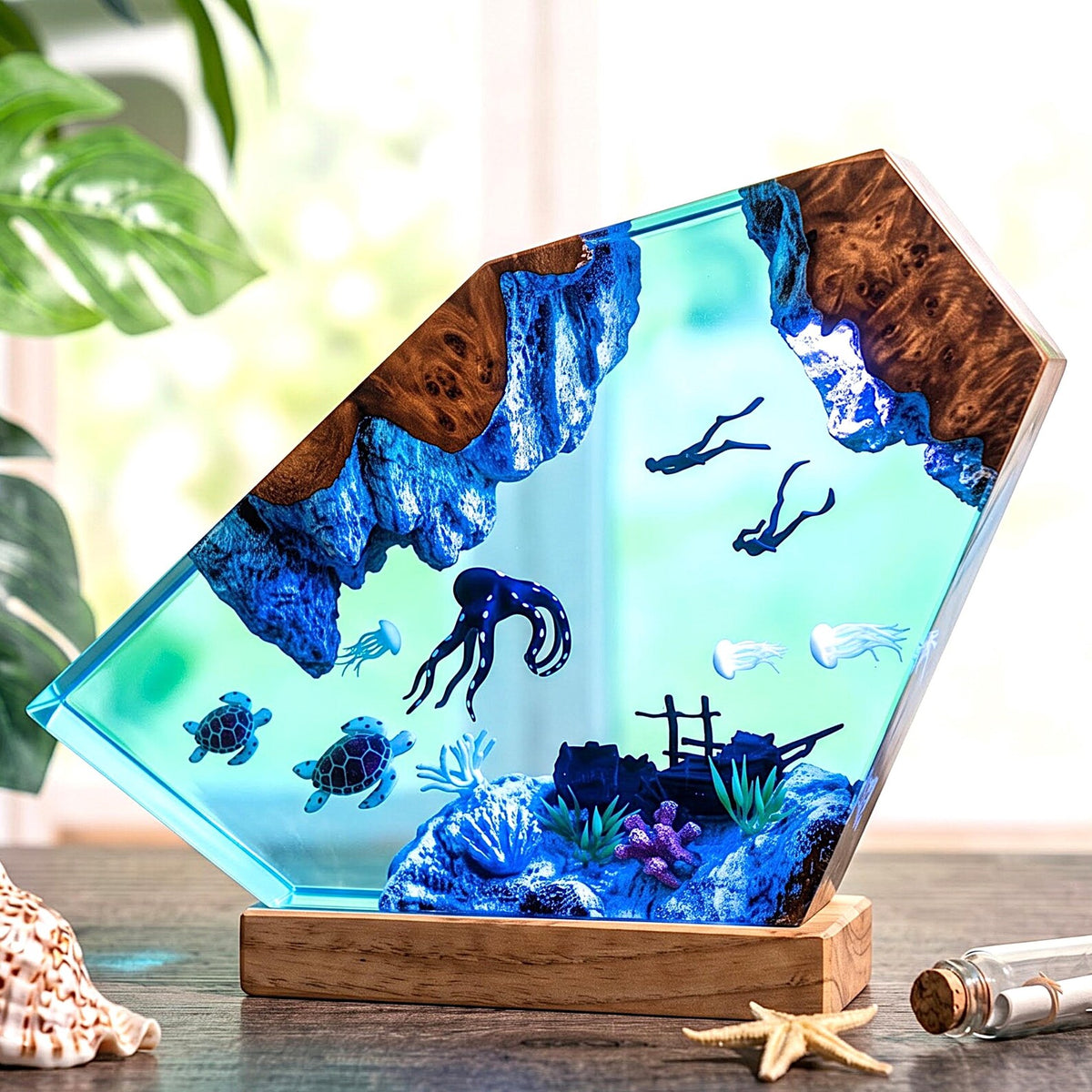 Diver Ocean Resin Lamp with Octopus Sea Turtle Deep Sea LED Night Light Decor