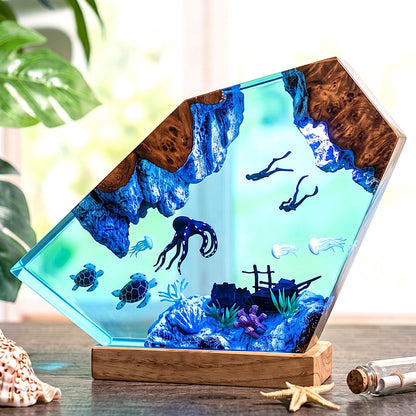 Diver Ocean Resin Lamp with Octopus Sea Turtle Deep Sea LED Night Light Decor
