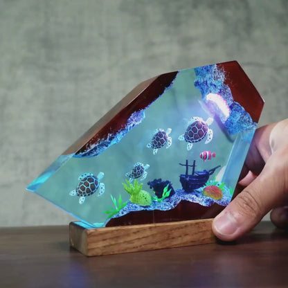 Custom Turtle Family Resin Night Light, Sea Turtle Diver Ocean Diorama, Coastal Handmade Decor