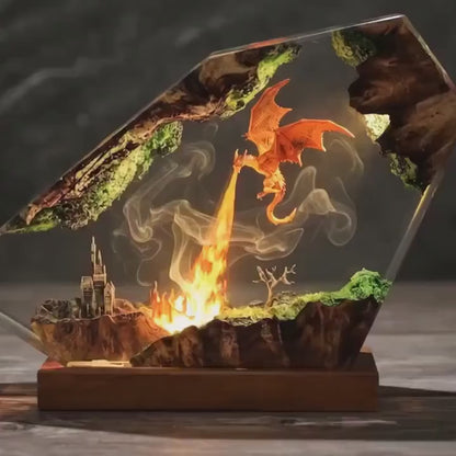 Fire Breathing Dragon Resin Lamp, Volcano Cave Diorama, Fantasy Epoxy Night Light, Gamer Desk Decor
