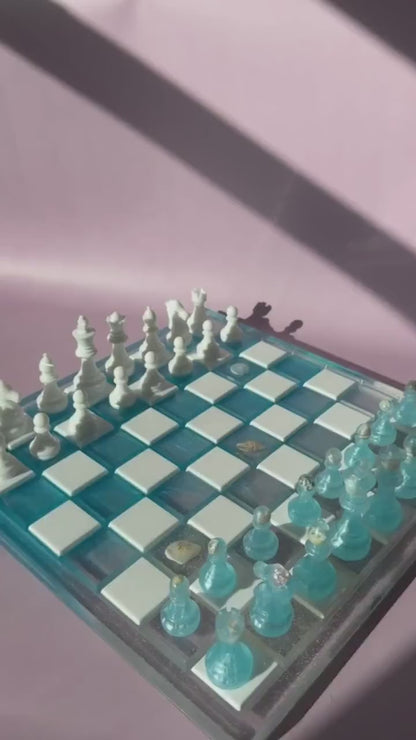 Unique Handmade Ocean Resin Chess Set with Luxury Epoxy Board and Artistic Wave Design