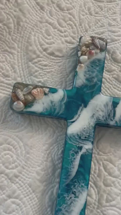 Handmade Ocean Resin Cross with Seashells, Live Edge Wood, Coastal Christian Decor, Unique Spiritual Gift