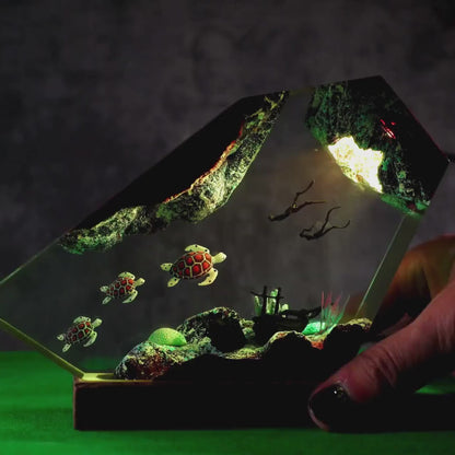 Custom Turtle Family Resin Night Light, Sea Turtle Diver Ocean Diorama, Coastal Handmade Decor