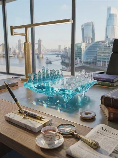 Iceberg Ocean Resin Chess Set – Handmade Frozen Wave Epoxy Chess Board Art Game Design