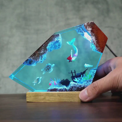 Turtle and Mermaid Resin Lamp, Handmade Underwater Fantasy Night Light, Coral Reef Decor