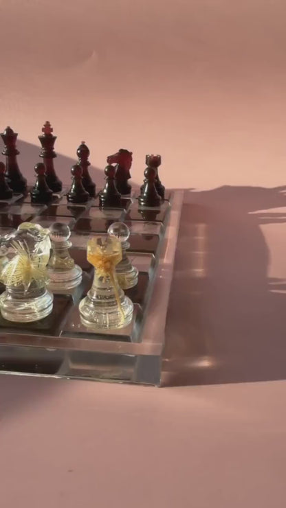 Custom Handmade Resin Chess Set with Dried Flowers and Elegant Modern Botanical Board Design