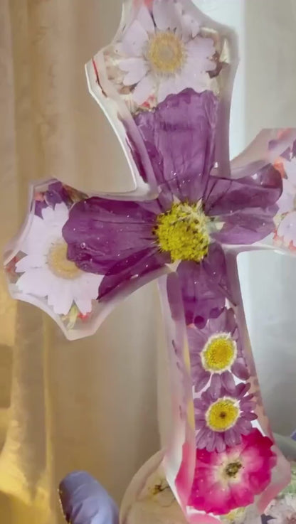 Handmade Flower Resin Cross Light, Floral Christian Decor, Faith Inspired Wall Art, Religious Home Accent