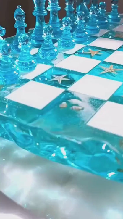 Modern Crystal Ocean Resin Chess Set with Handmade Epoxy Chess Board and Transparent Pieces