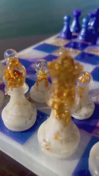 Aurora Daydream Resin Chess Set Handmade Floral Watercolor Board with Gold Leaf Accents Design